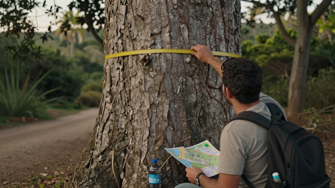 Homem mede a circunferência de uma árvore com fita métrica, segurando um mapa; mochila e garrafa ao lado.