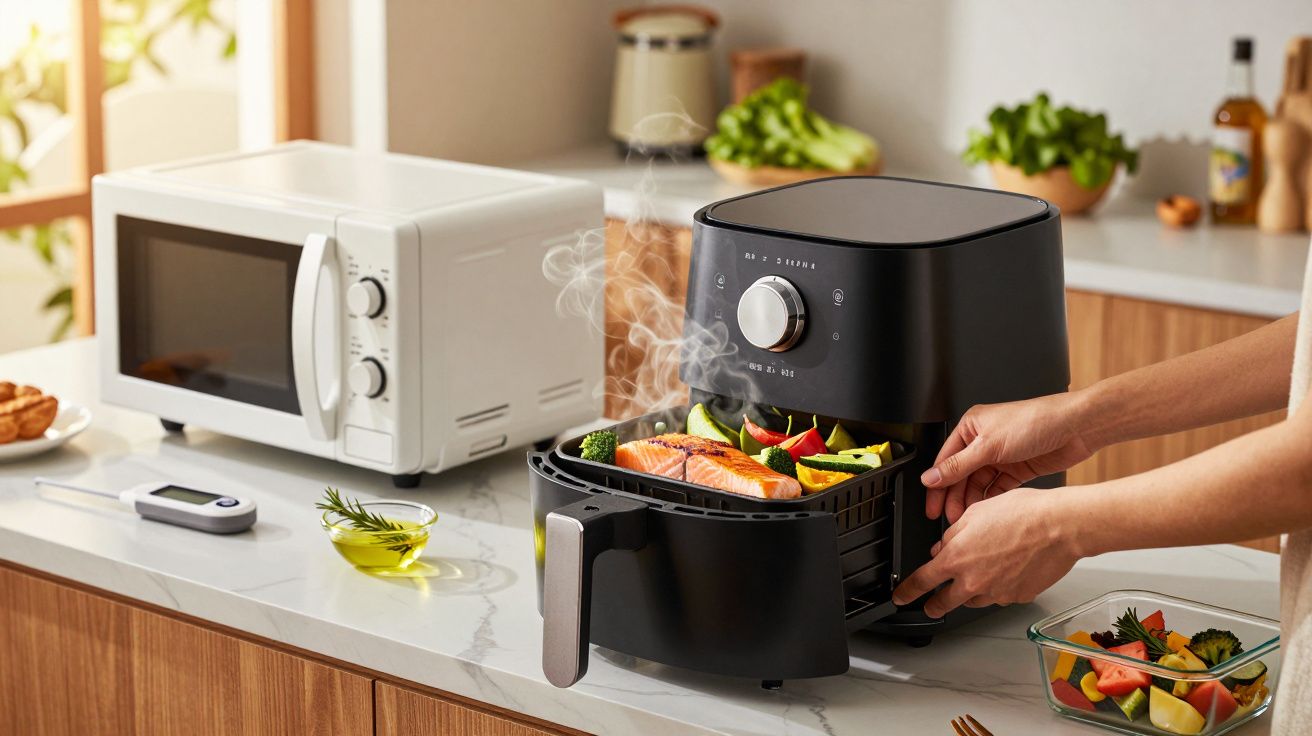 Pessoa a retirar salmão e legumes de uma fritadeira sem óleo numa cozinha, com micro-ondas branco ao fundo.