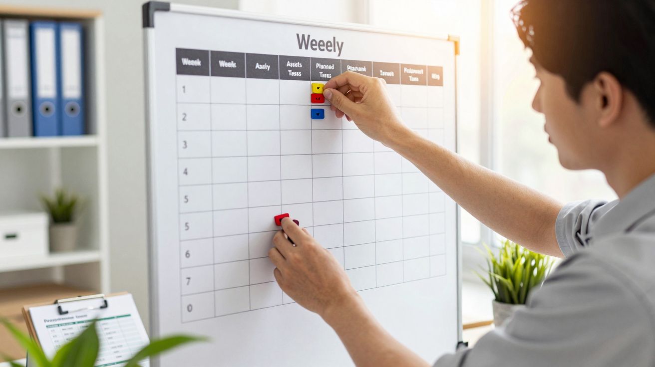 Homem organiza quadro semanal com ímanes coloridos num escritório iluminado.
