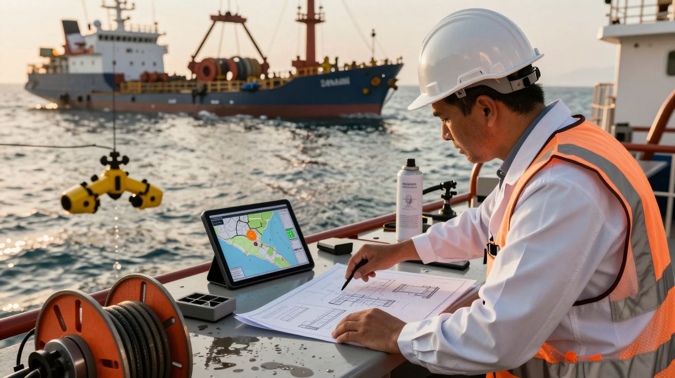Homem de capacete e colete analisa mapas num barco, com navio e drone subaquático ao fundo.