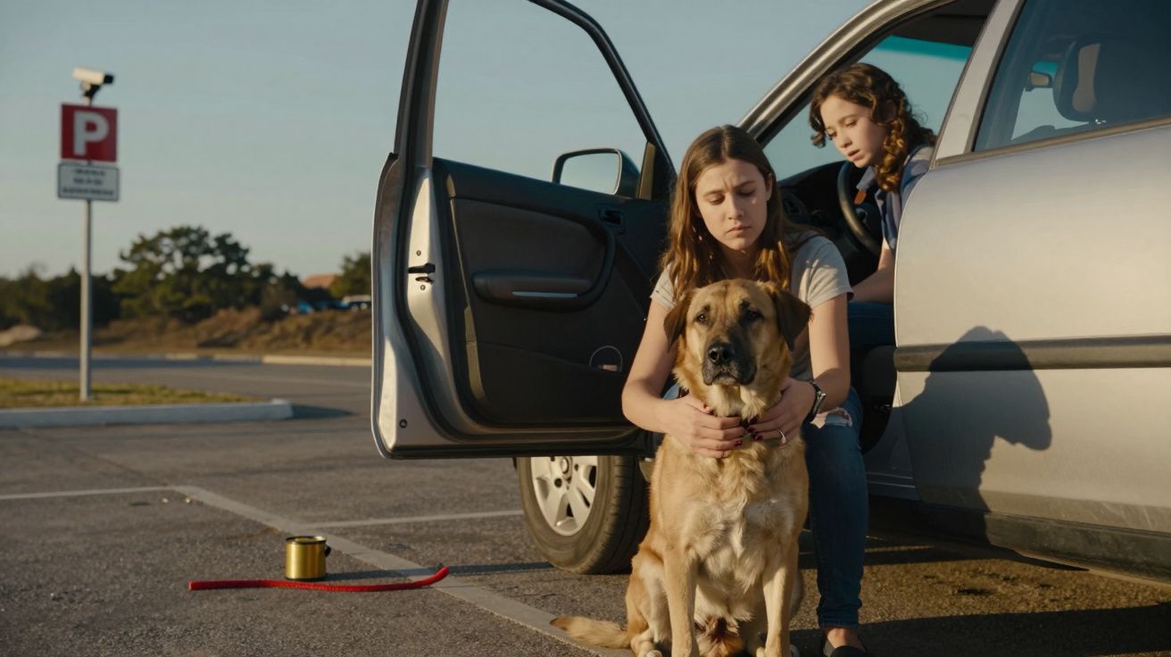Mulher e criança junto a um carro estacionado, acariciando um cão. Iluminação de pôr-do-sol e lata no chão.