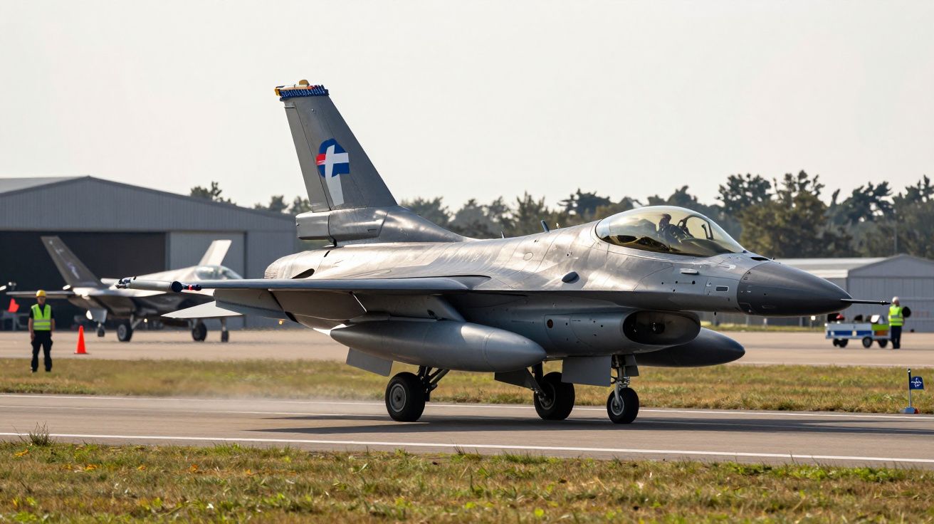 Avião caça cinza em pista de aeroporto, com hangares e pessoal de apoio em segundo plano.