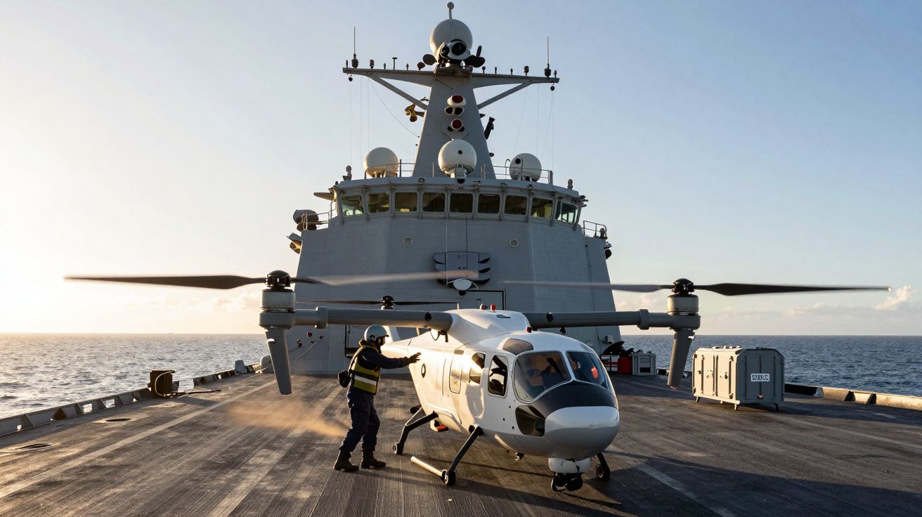 Helicóptero no convés de um navio de guerra ao pôr do sol, com um tripulante ao lado.