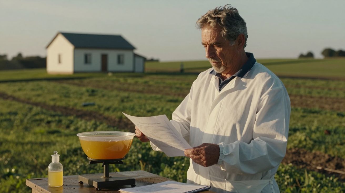 Homem de jaleco branco analisa documentos ao lado de tigela e frasco num campo verde com uma casa ao fundo.