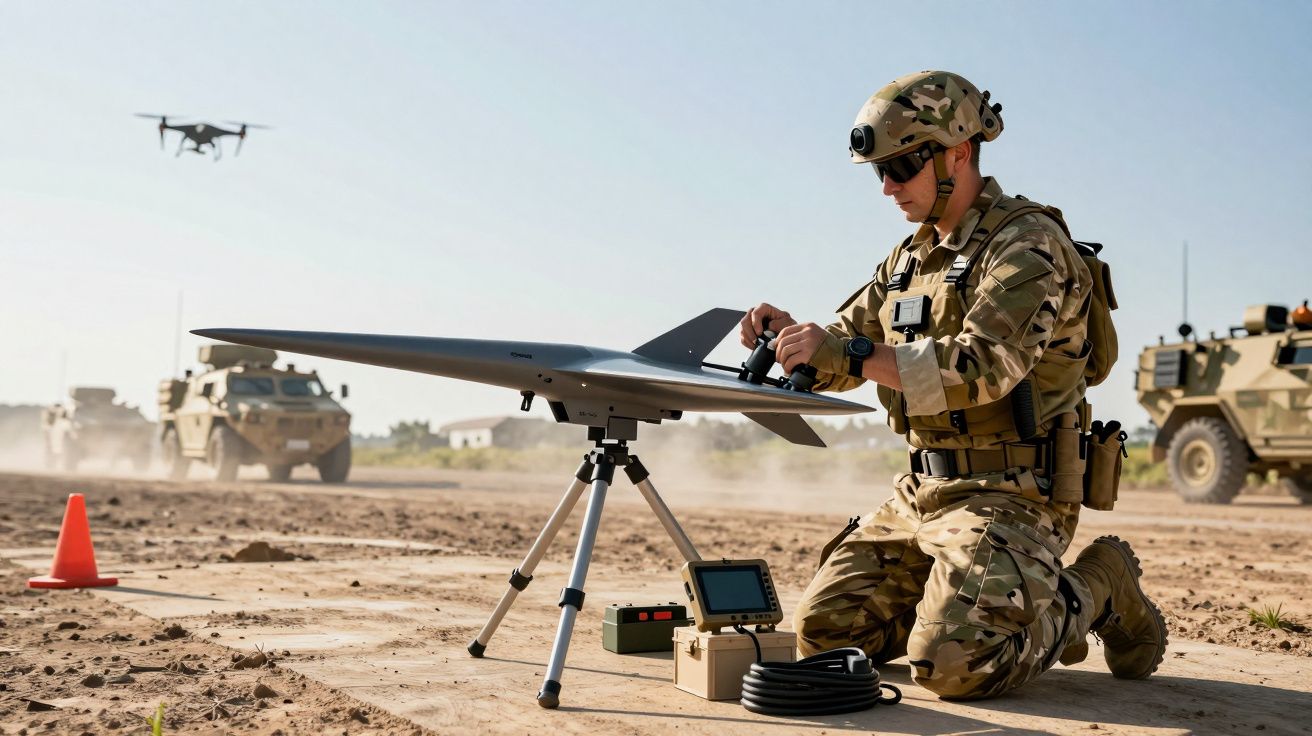 Soldado opera um drone em campo de treino, cercado por veículos militares sob céu claro.