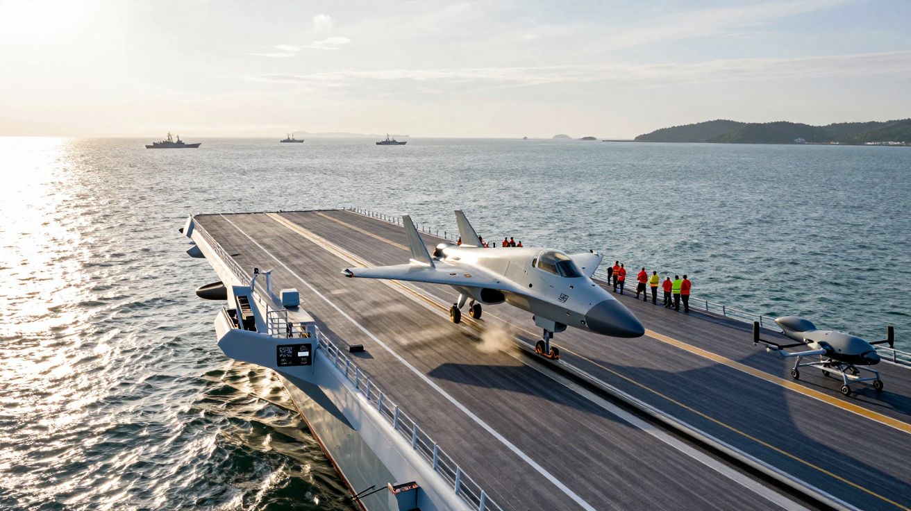 Porta-aviões no mar com aeronave na pista de decolagem e pessoal de apoio ao fundo, navios ao longe.