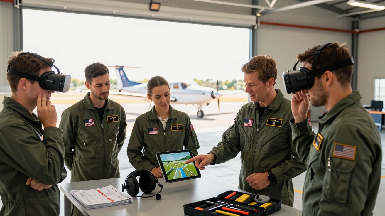 Pilotos em treino de realidade virtual num hangar, com um instrutor a usar um tablet e um avião ao fundo.