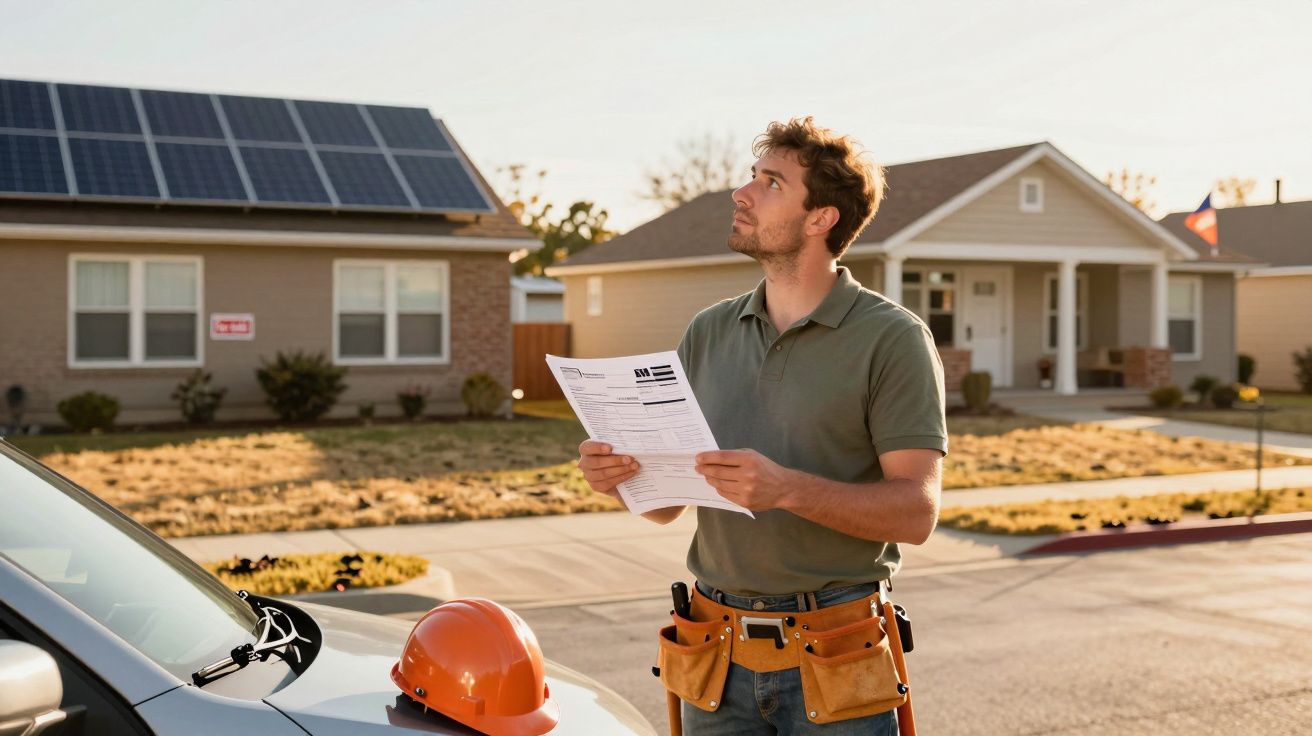 Homem com cinto de ferramentas e capacete em carro, segurando papel, olha para telhado com painéis solares.