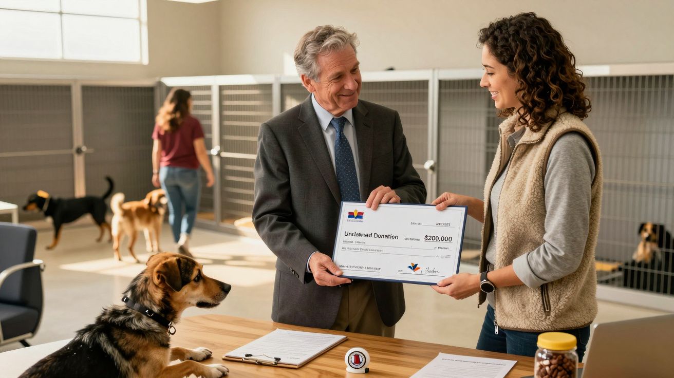 Homem entrega cheque a mulher num canil, rodeado por cães.