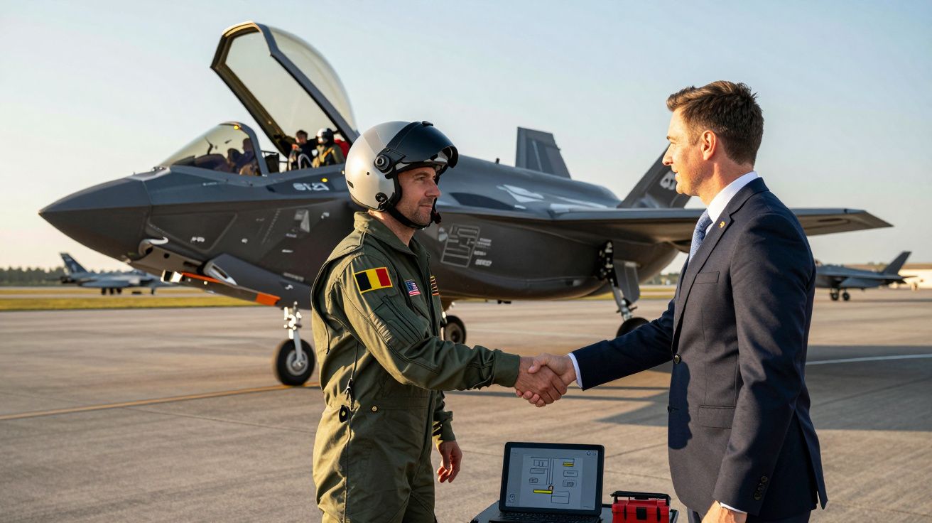 Piloto de caça e homem de fato apertam as mãos em frente a um jato militar na pista de um aeroporto.