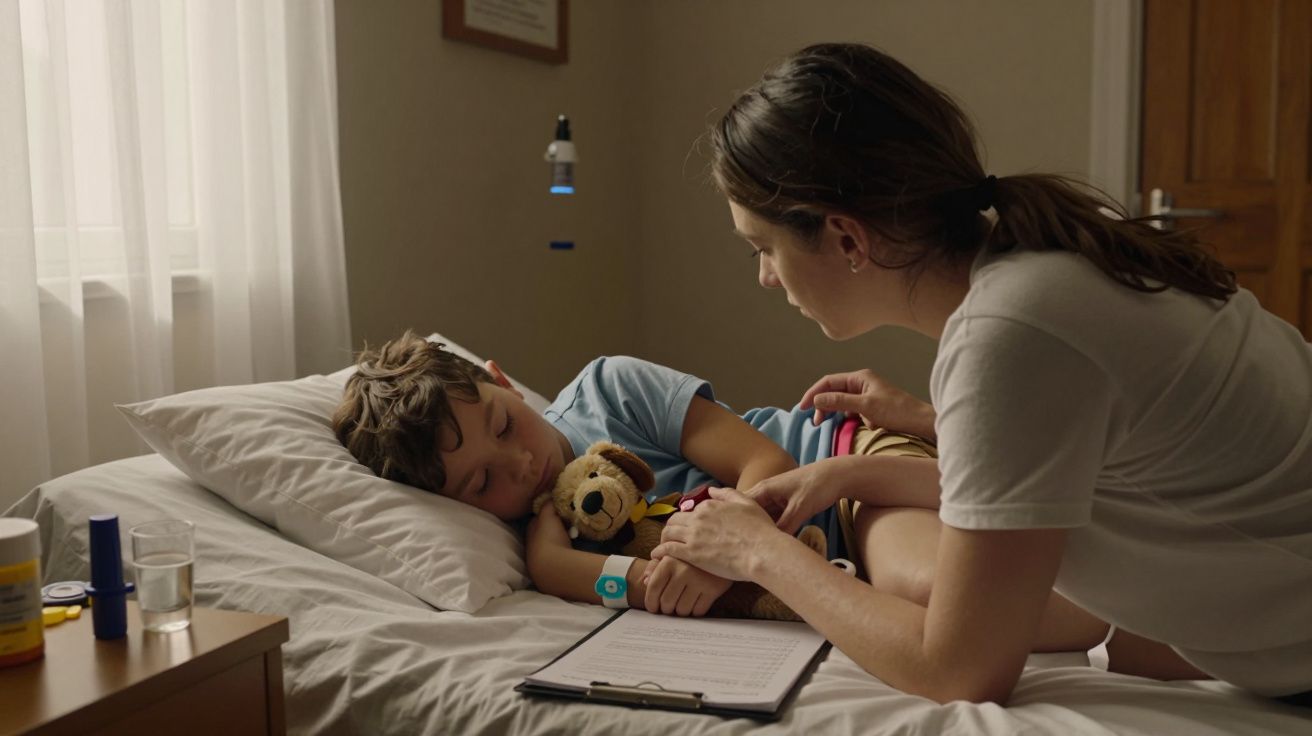 Mulher ao lado de criança a dormir numa cama de hospital com um peluche. Tablet e remédios sobre a mesa.