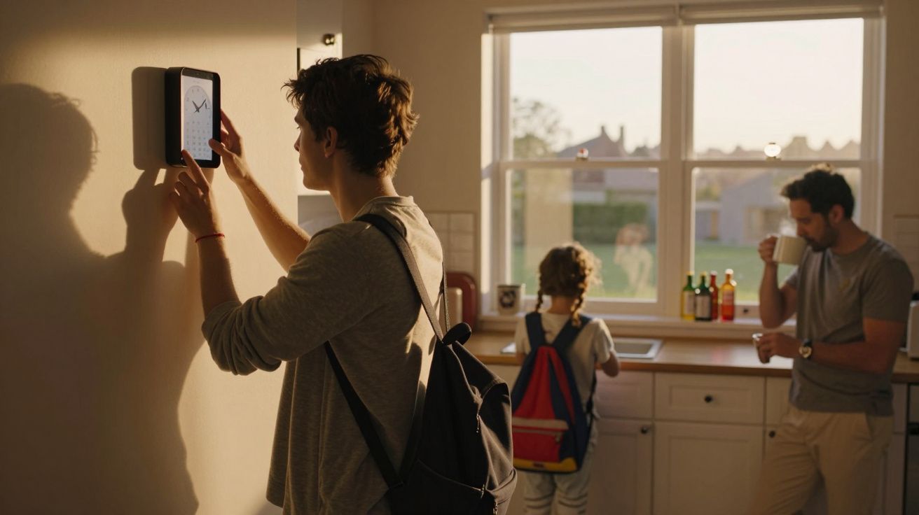 Homem ajusta termostato na parede; criança e adulto ao fundo na cozinha iluminada pelo sol.