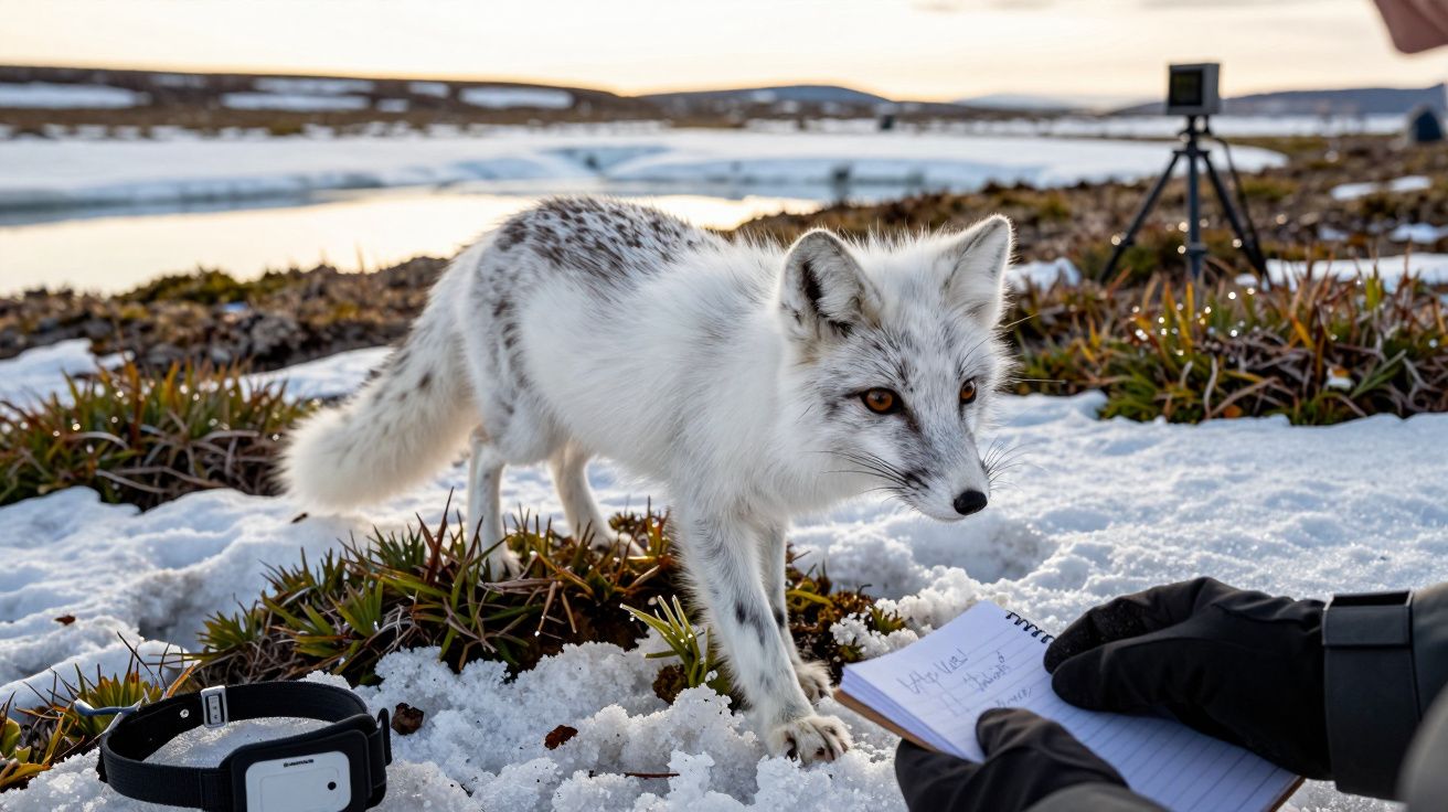 Raposa do Ártico em neve, perto de um bloco de notas e câmara, com colar de monitorização no chão.