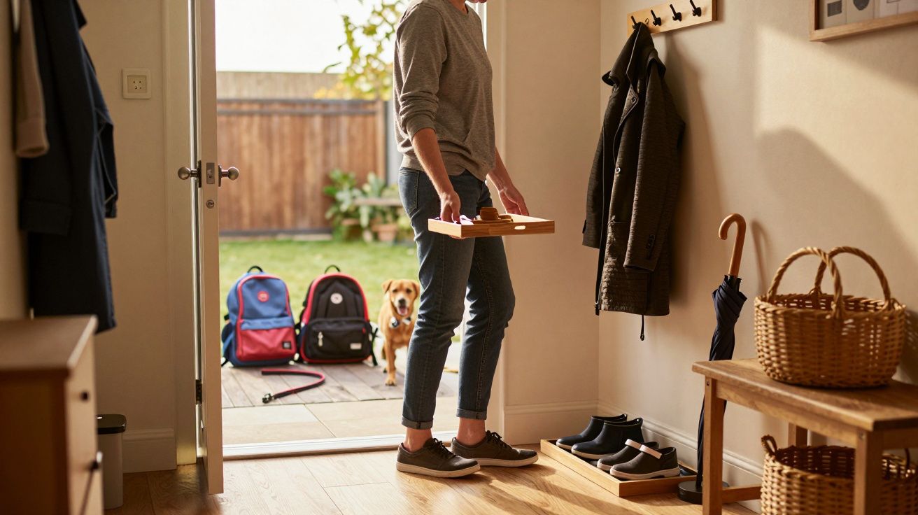 Pessoa com bandeja à entrada de casa, mochila e cão no jardim ao fundo.