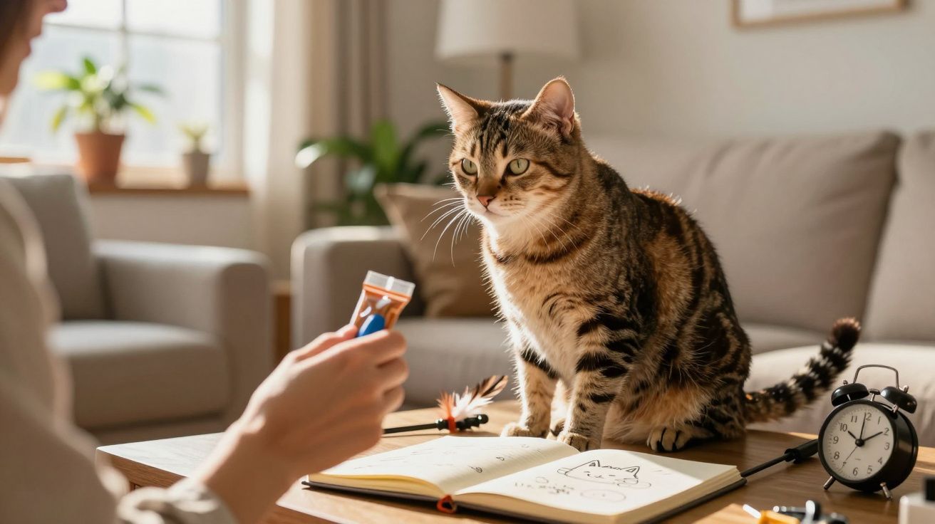 Gato sentado numa mesa ao lado de um caderno aberto, pessoa segurando um objeto e relógio ao fundo.