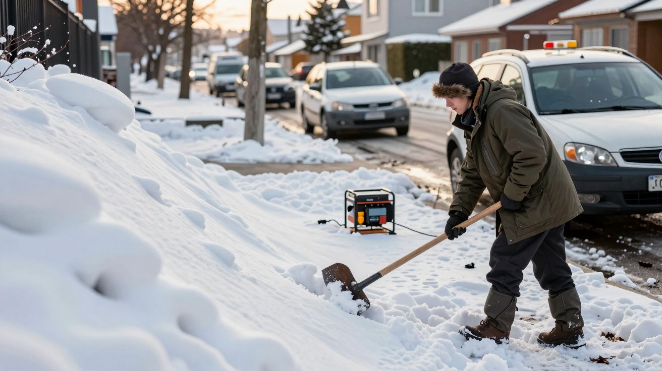 Pessoa a remover neve de um passeio com uma pá, em bairro residencial, com carros estacionados e neve acumulada.