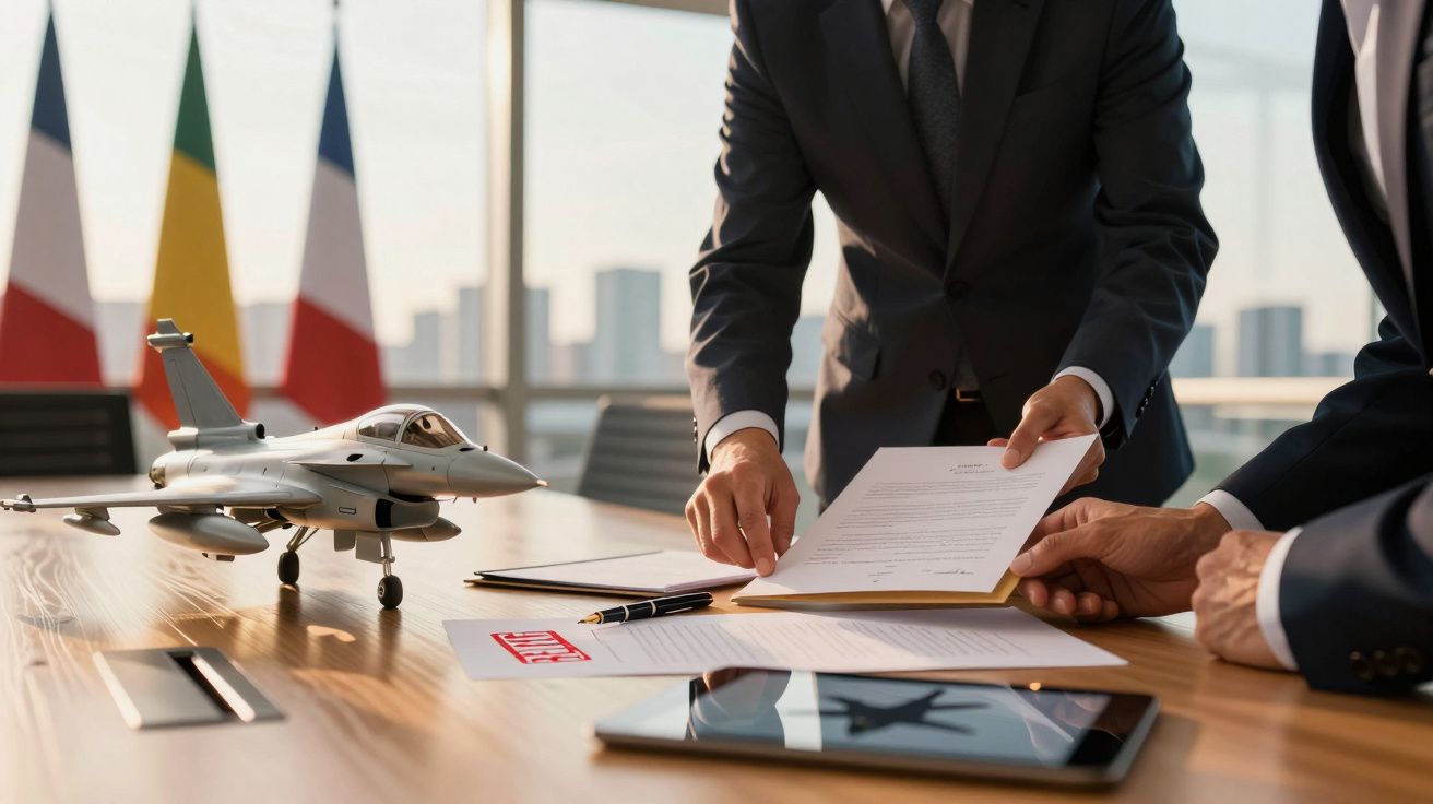 Dois homens de fato revisam documentos sobre uma mesa com modelo de jato e bandeiras ao fundo.