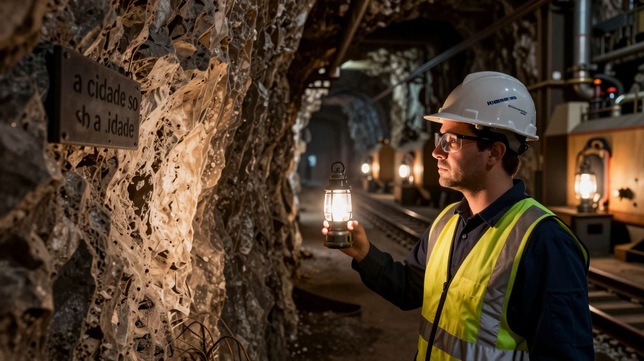 Trabalhador de capacete e colete reflete à luz de uma lanterna enquanto observa um túnel em construção.