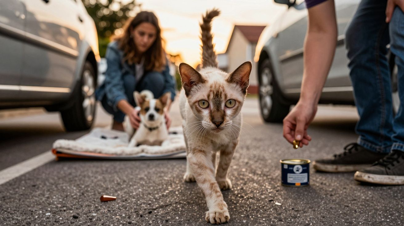 Gato a caminhar na estrada entre carros, com pessoa agachada ao fundo e cão numa manta. Outra pessoa oferece comida ao gato.