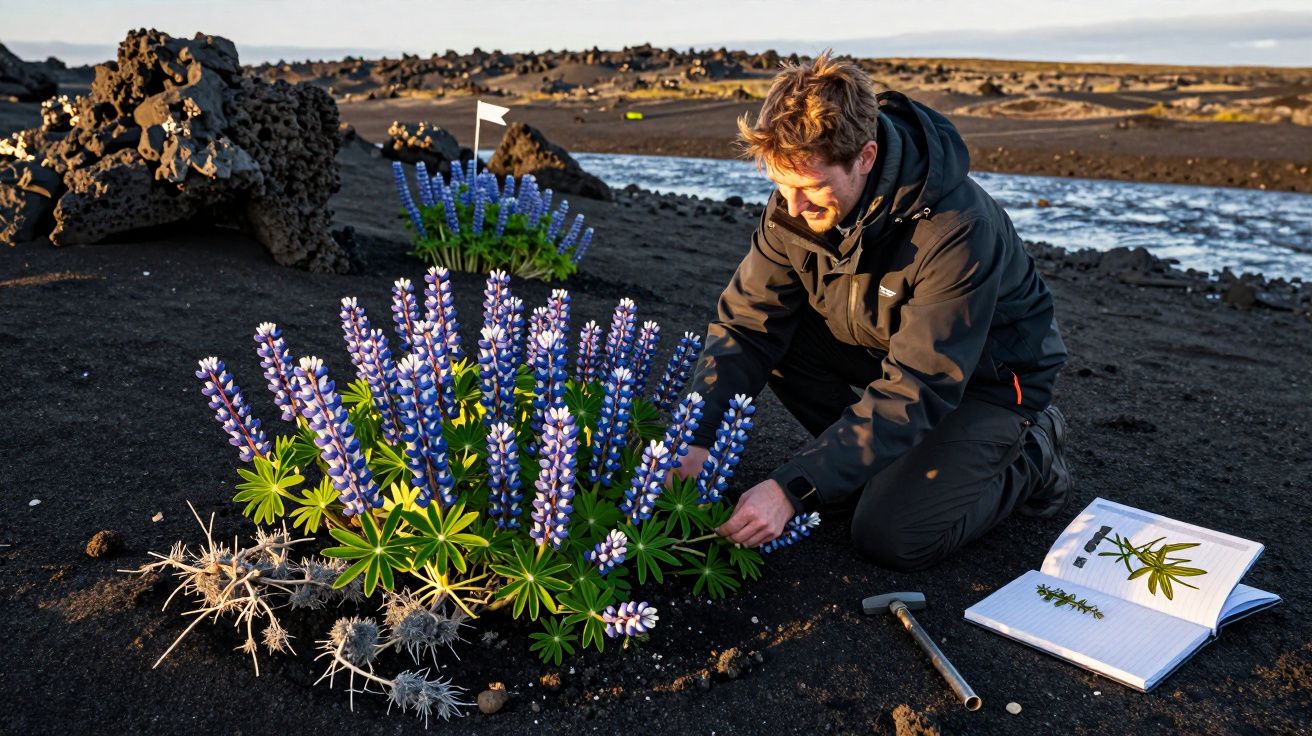 Homem estuda plantas roxas em solo vulcânico, com caderno, martelo e rio ao fundo, sob luz do fim da tarde.
