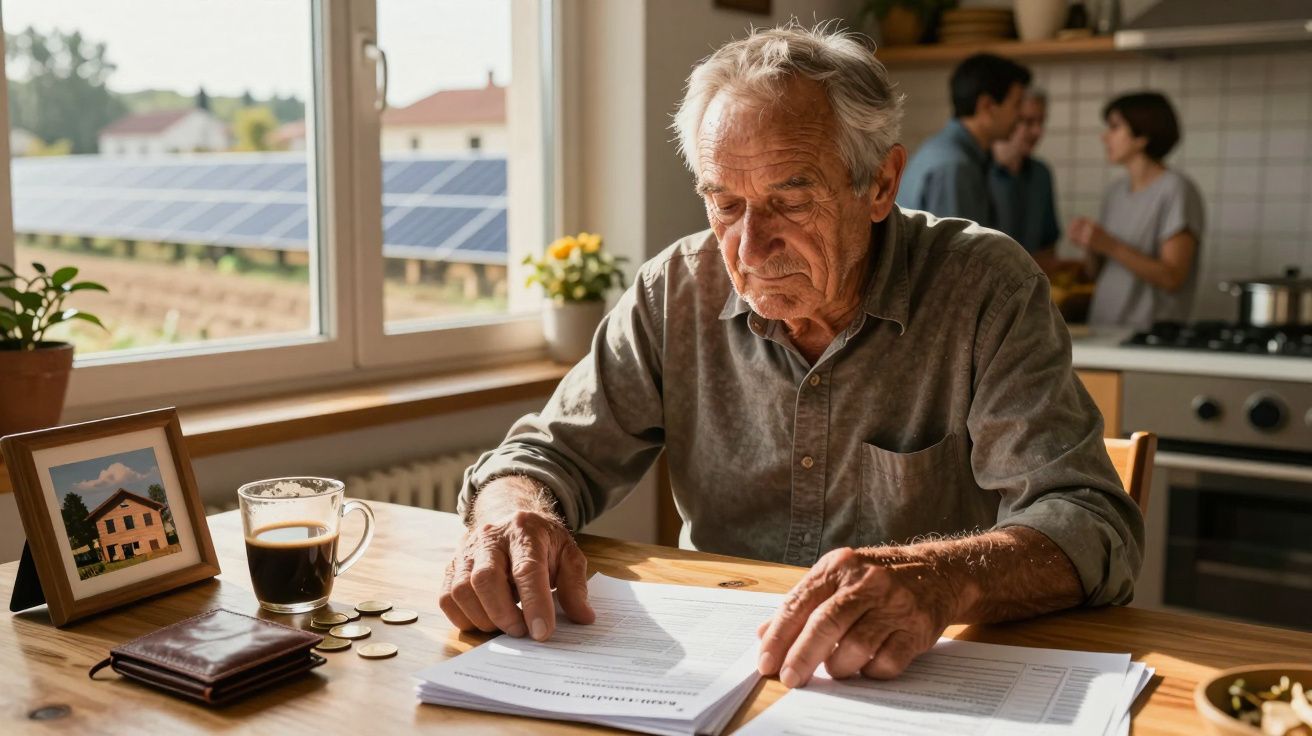 Idoso lendo documentos na cozinha, com painel solar visível pela janela e duas pessoas conversando ao fundo.