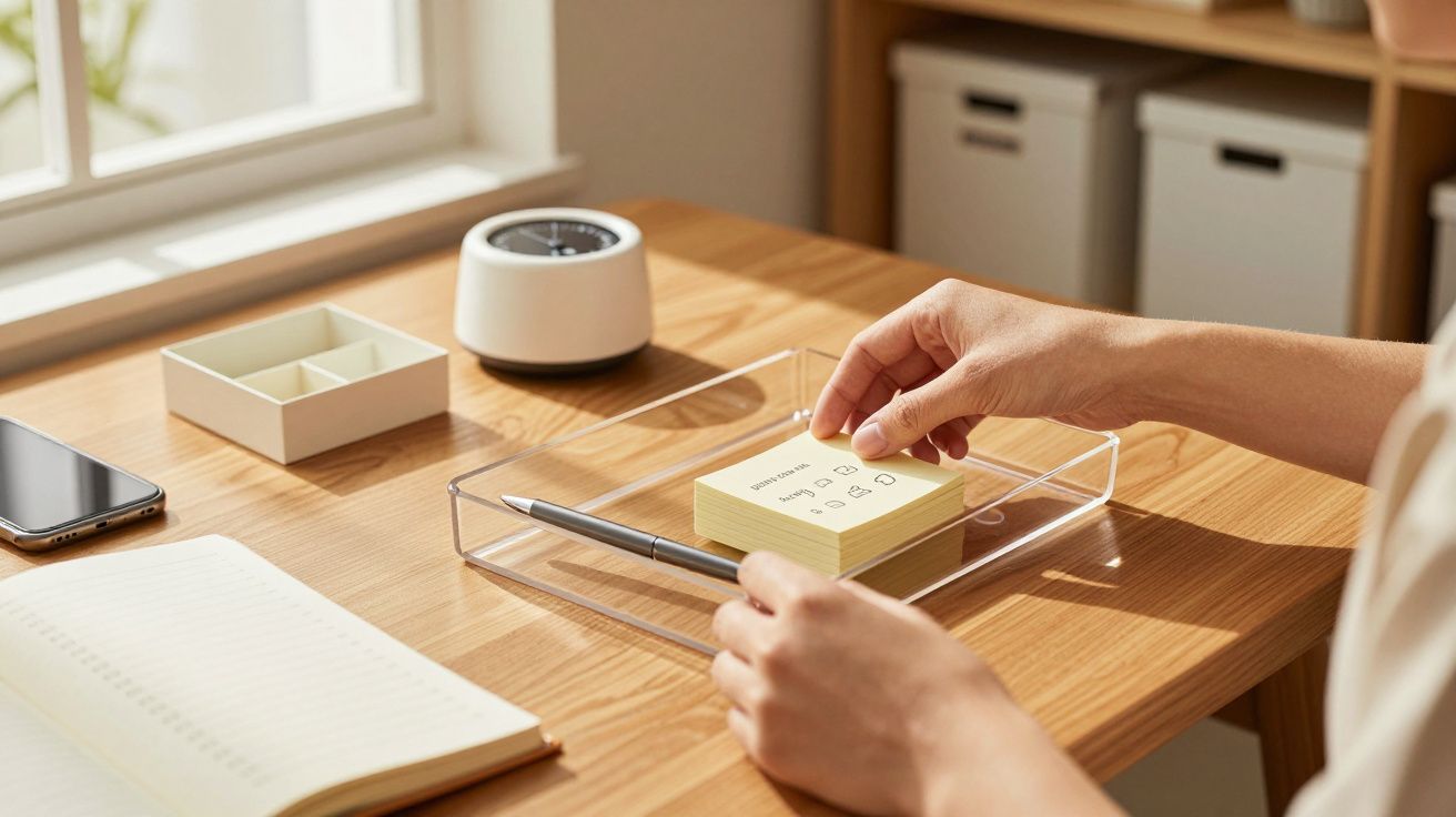 Mãos organizando notas adesivas e caneta numa secretária de madeira ao lado de um caderno, telemóvel e relógio.