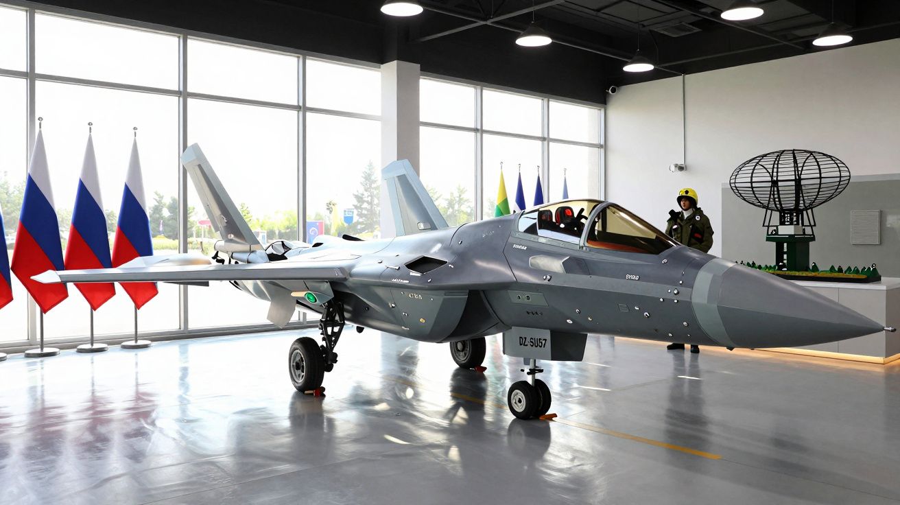Avião de caça cinzento em exposição, com bandeiras russas ao fundo e uma pessoa em pé ao lado, em hangar iluminado.