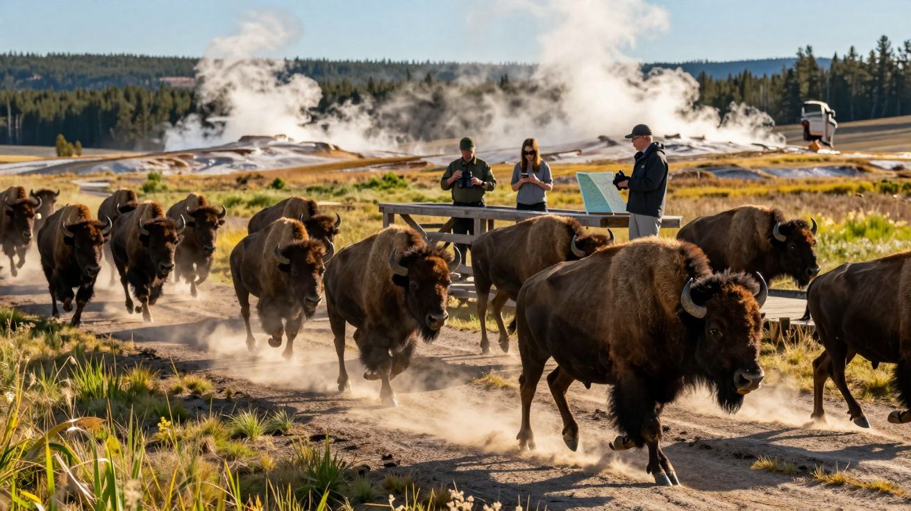 Bisontes a correr em campo aberto, com observadores e géiseres ao fundo sob céu azul.