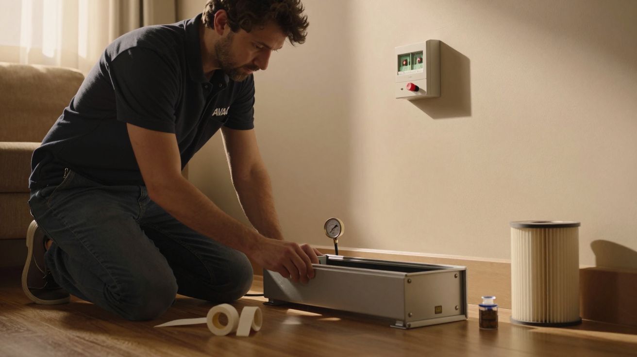 Homem ajoelhado no chão instala dispositivo técnico, próximo a tomadas, com filtro e rolo de fita ao lado.