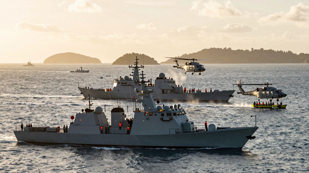 Navios de guerra e helicópteros em exercício marítimo ao pôr do sol, com ilhas ao fundo.