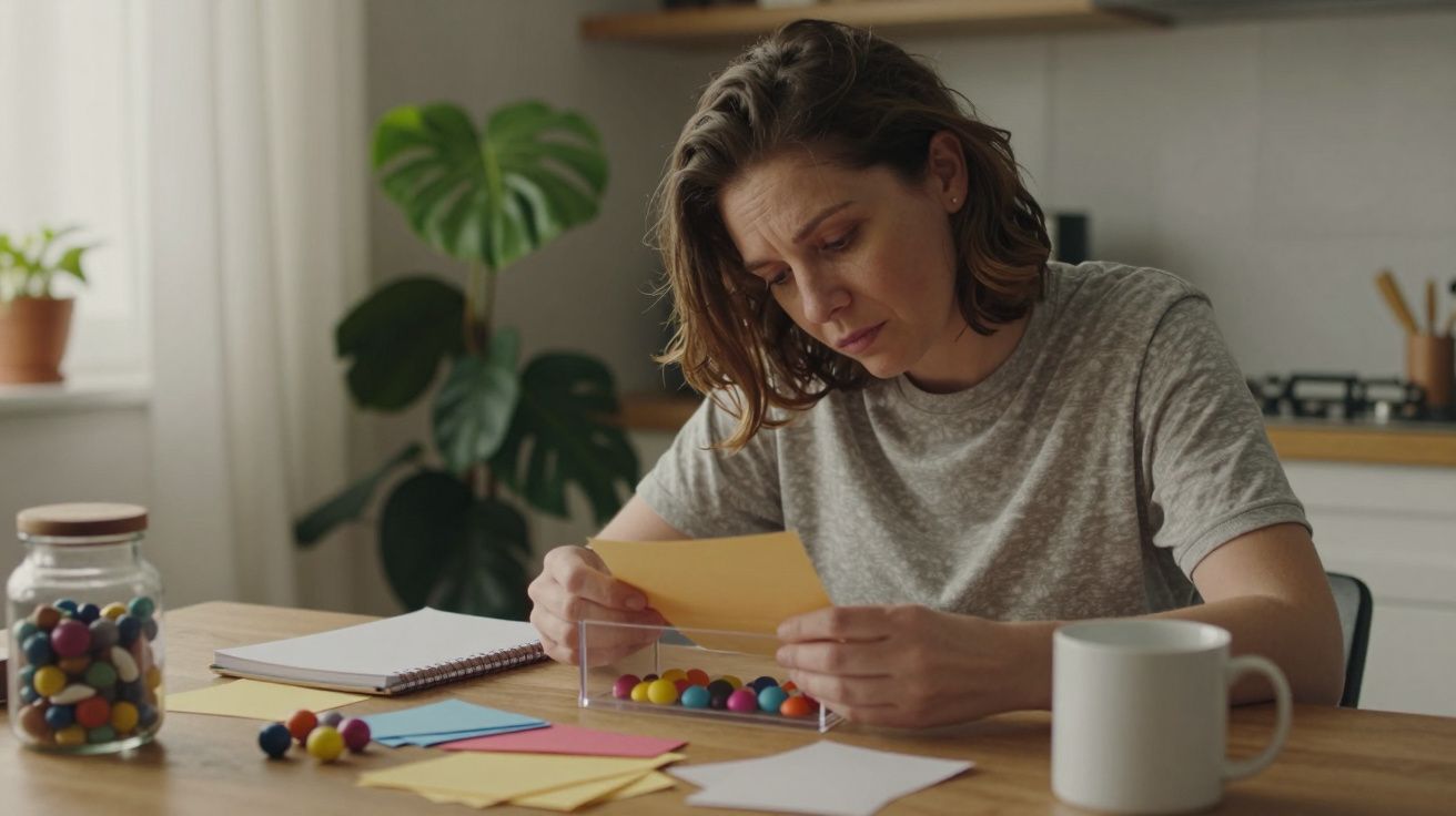 Mulher sentada à mesa, olhando papéis coloridos, com jarro de bolinhas e caneca perto. Planta ao fundo.