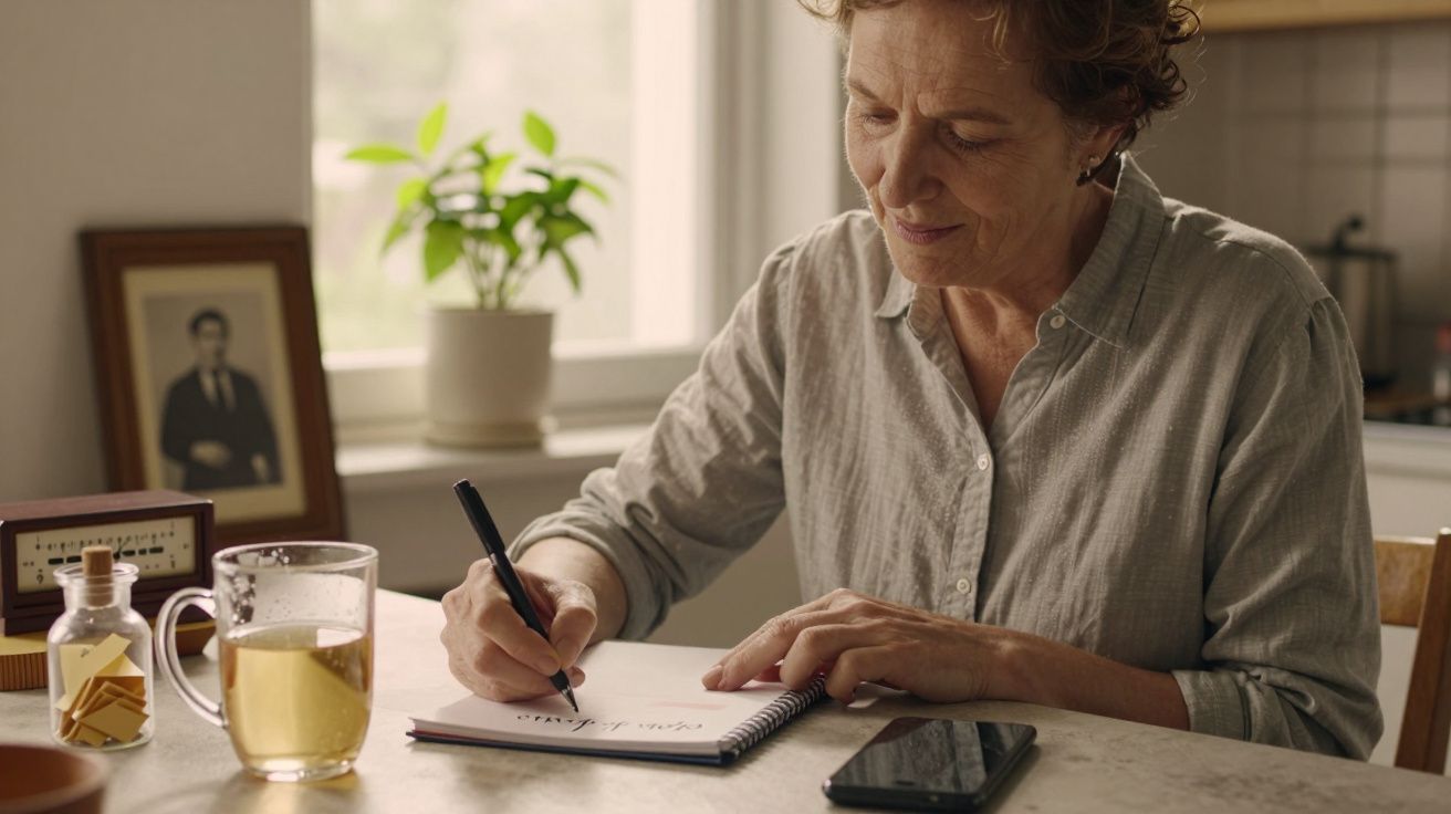 Mulher sorrindo escreve em caderno, com chá e telemóvel na mesa, planta e foto ao fundo.