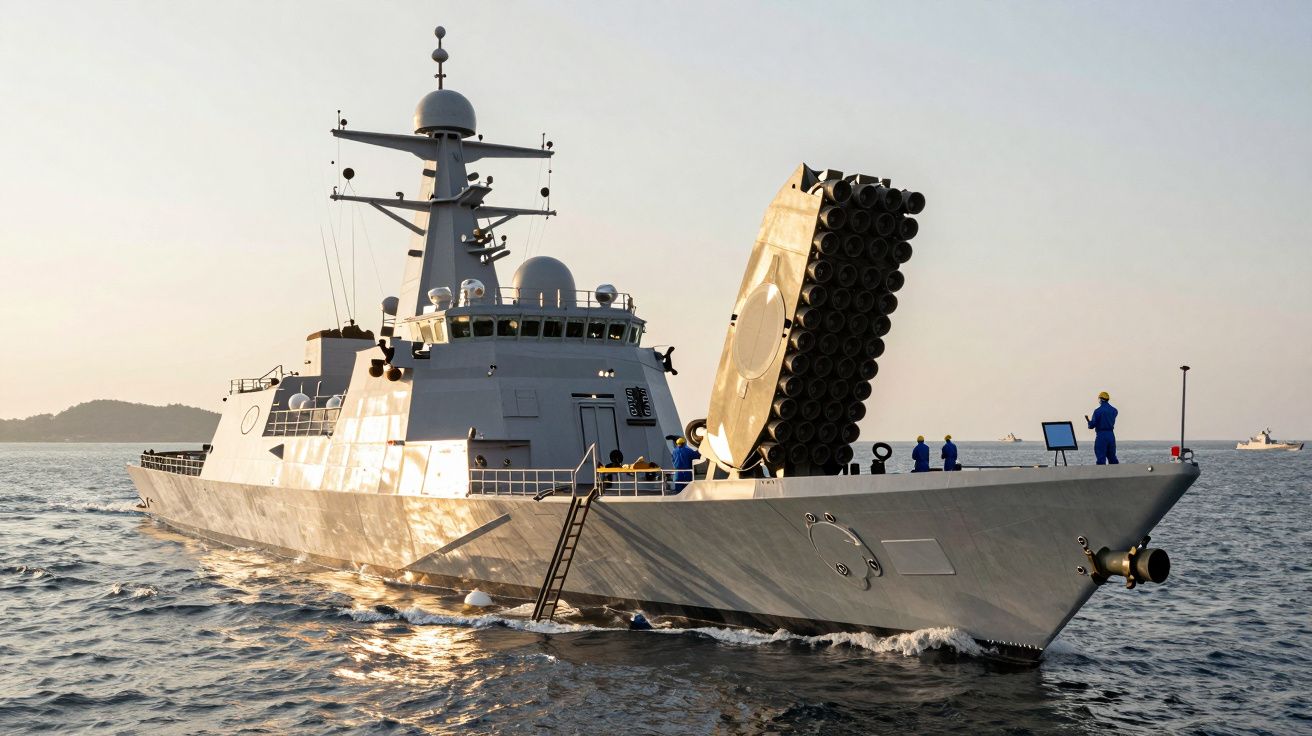 Navio militar cinzento em mar aberto ao pôr do sol, com três pessoas de uniforme azul no convés.