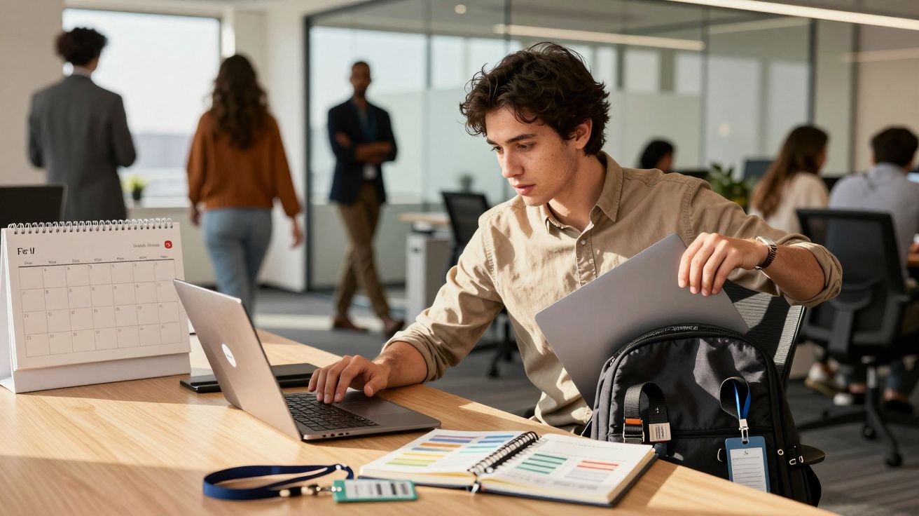 Jovem num escritório moderno, sentado à secretária, a colocar um portátil na mochila. Há outras pessoas ao fundo.