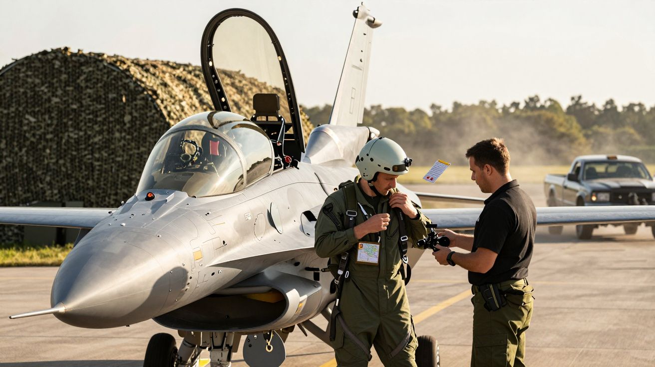 Piloto de capacete e técnico junto a jato militar cinza num aeródromo, com vegetação ao fundo em dia ensolarado.