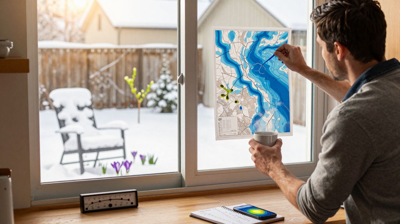 Homem marca um mapa colado na janela, segurando chá, com neve e plantas no exterior. Caderno e smartphone na mesa.