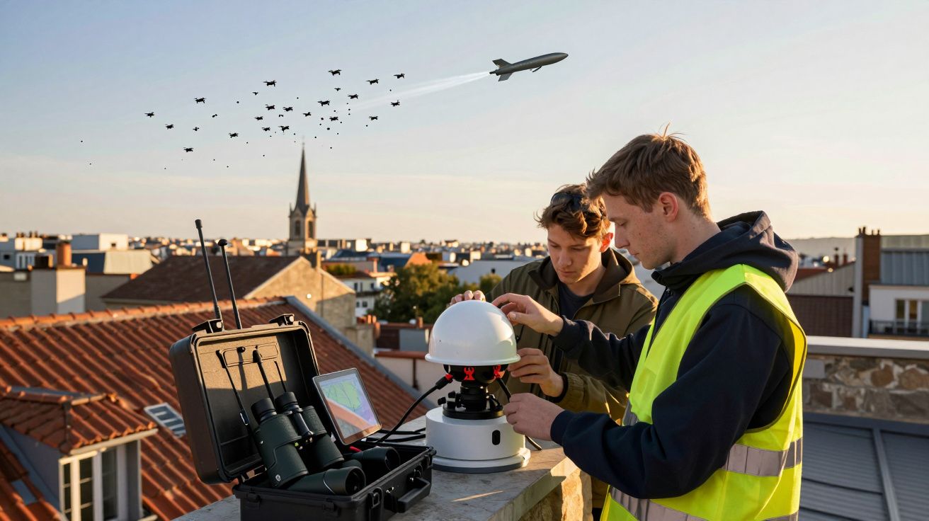 Dois homens em telhado operam equipamento técnico com cidade ao fundo, avião e pássaros no céu.