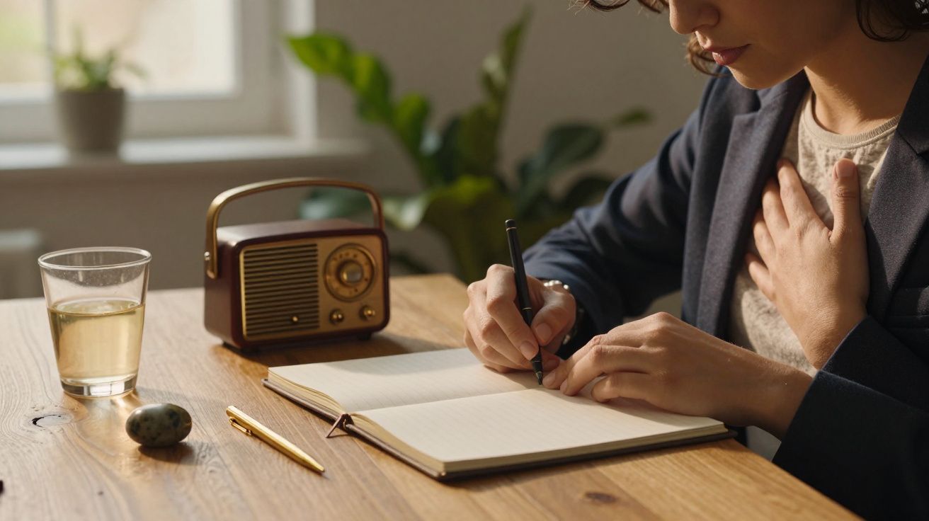 Pessoa a escrever num caderno, ao lado de um rádio vintage, um copo com bebida e uma pedra, numa mesa de madeira.
