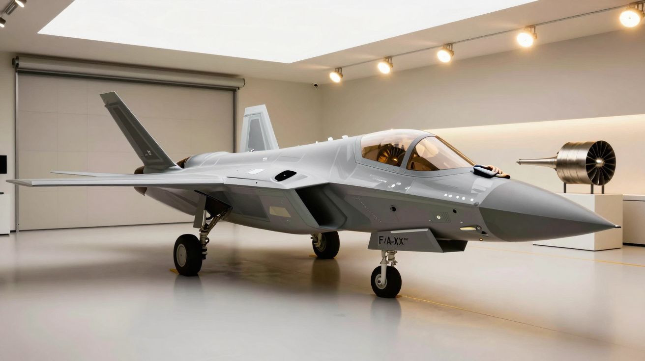 Avião de caça cinza em exposição num hangar iluminado por luzes no teto, com detalhes técnicos ao fundo.
