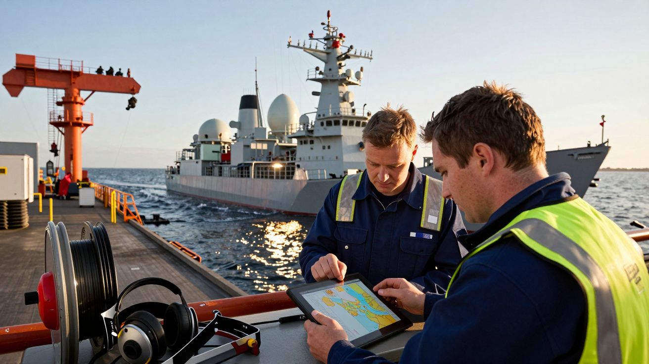 Dois homens em coletes analisam um mapa digital num tablet num cais, com um navio militar ao fundo.