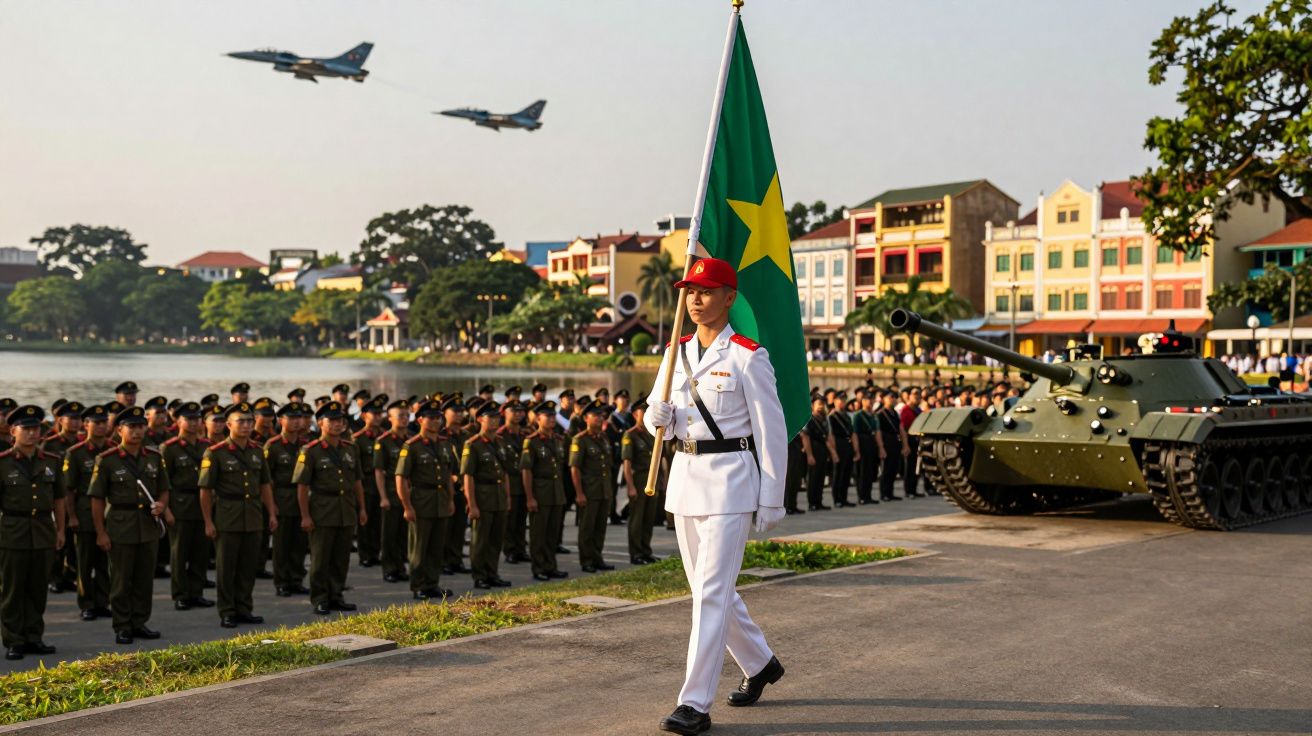 Desfile militar com soldado carregando bandeira, tanque verde e aviões no céu, com prédios coloridos ao fundo.