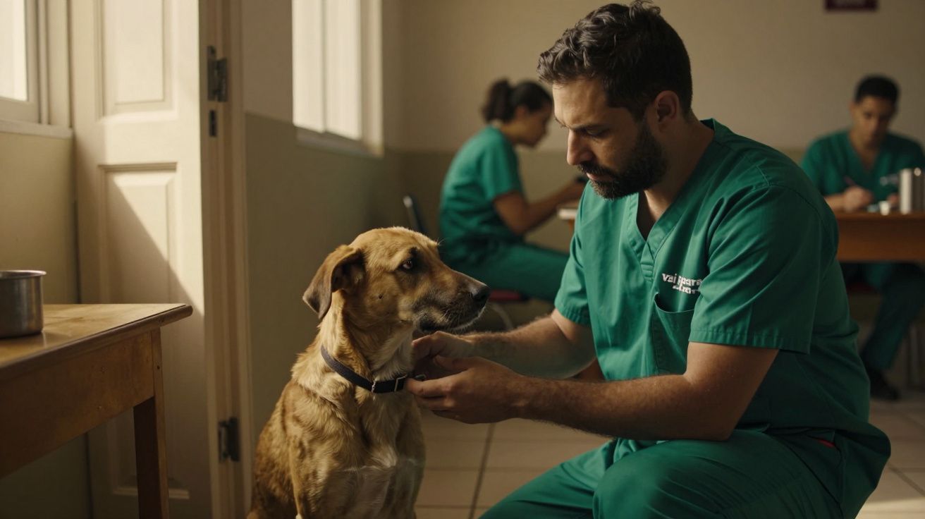 Veterinário examina cão castanho numa clínica, com duas pessoas ao fundo em uniformes verdes.
