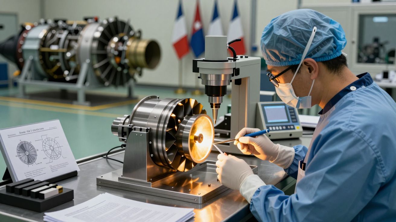 Técnico analisa peça metálica em laboratório com microscópio e equipamento de alta precisão.