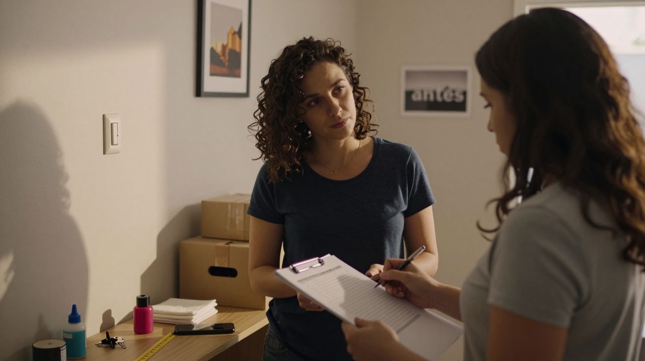 Duas mulheres discutem papéis em ambiente de escritório, com caixas e materiais numa mesa ao fundo.