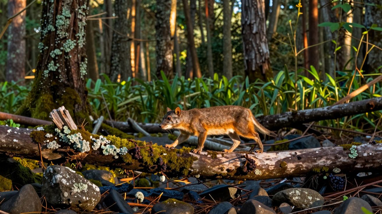 Um mangusto atravessa um tronco coberto de musgo numa floresta densa, rodeada de vegetação verde e rochas.