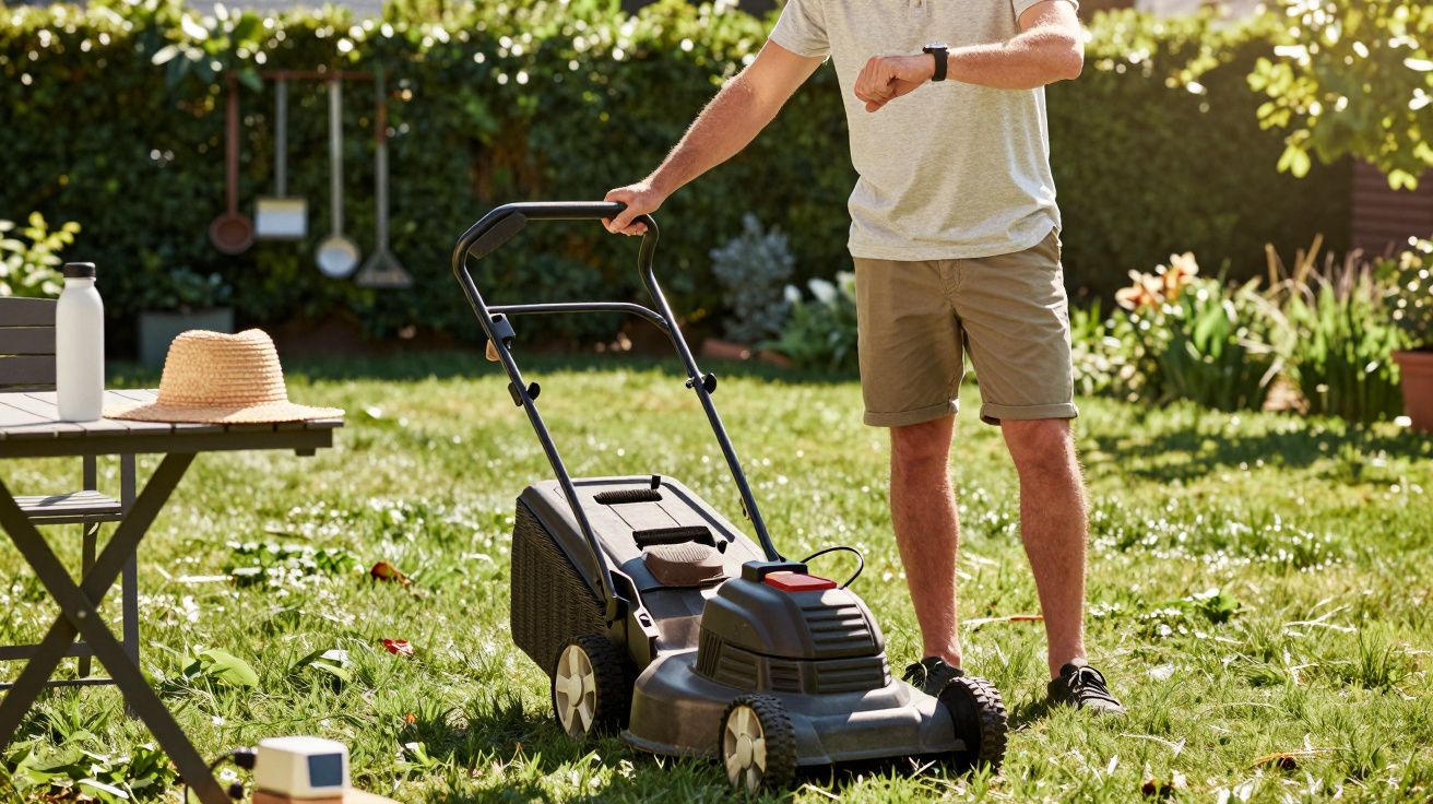 Homem a cortar relva num jardim, usando um corta-relvas, enquanto verifica o relógio.