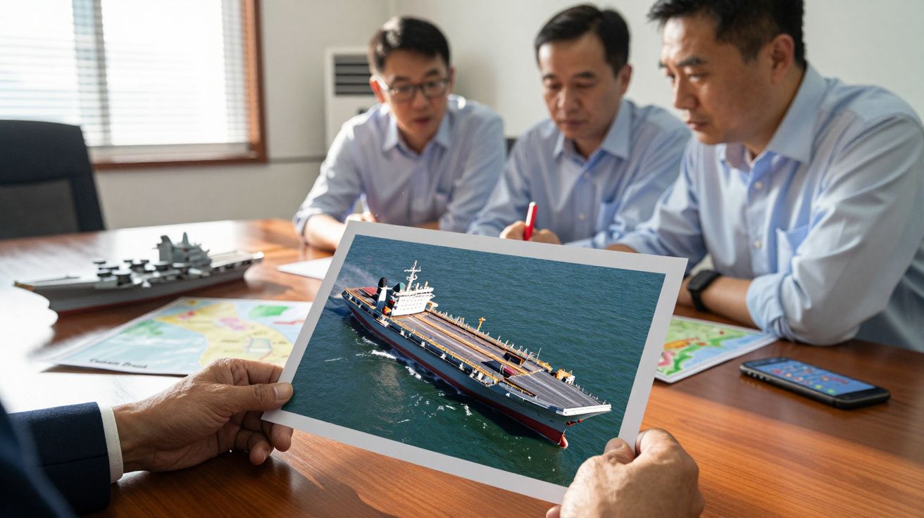 Três homens discutem um modelo de porta-aviões numa sala de reunião, com mapas sobre a mesa.