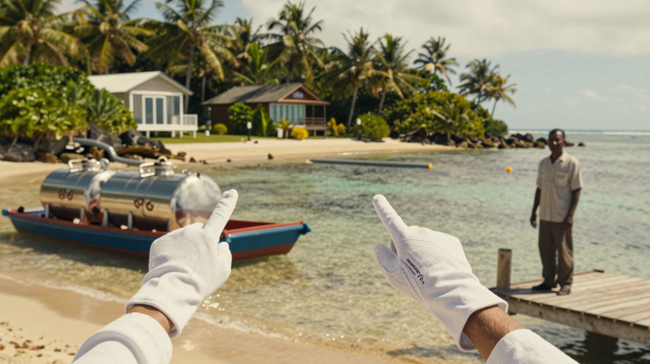 Luvas brancas apontam para barco com contentores em praia tropical, casas e palmeiras ao fundo.