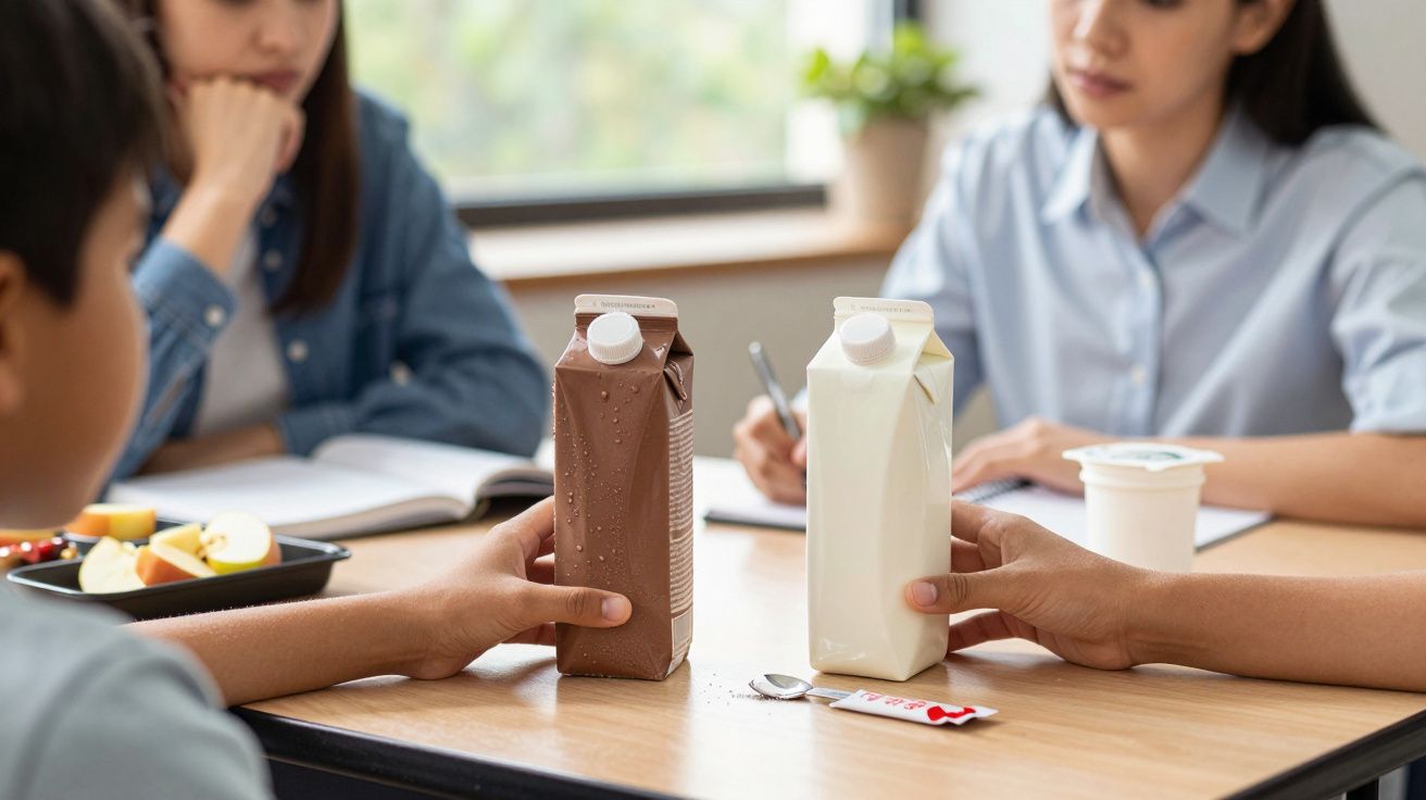 Duas pessoas seguram embalagens de bebidas, uma de leite com chocolate e outra de leite, enquanto conversam numa mesa.
