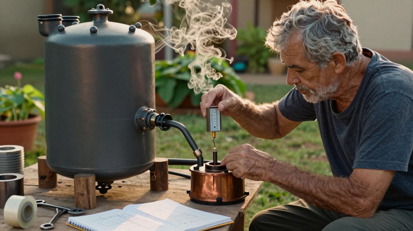 Homem ajusta equipamento com vapor ao ar livre, perto de caderno e ferramentas.
